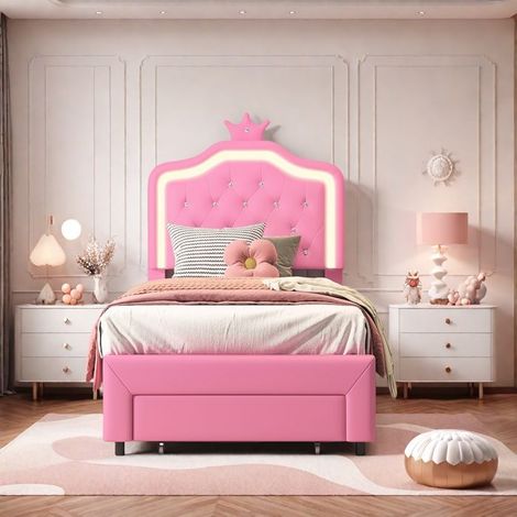Lit simple - TANANT - Crown Kids - 90x200 cm - Aufbewahrungsschublade - Integriertes LED - Rosa