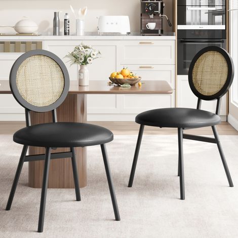 Lot de 2 chaises salle à manger : dossier rotin, assise simili-cuir épaisse, cadre métal ergonomique, empilable gain de place - Noir (1/5)