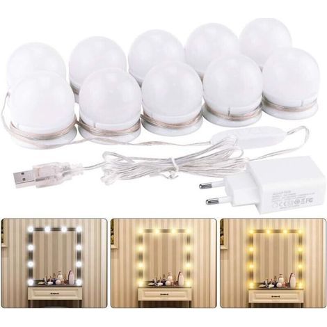 10 Ampoules Hollywood Lumière LED Dimmable Lampe pour Miroir Cosmétique Salle de Bain Luminosité avec Adaptateur (Miroir Non Inclus) (1/4)