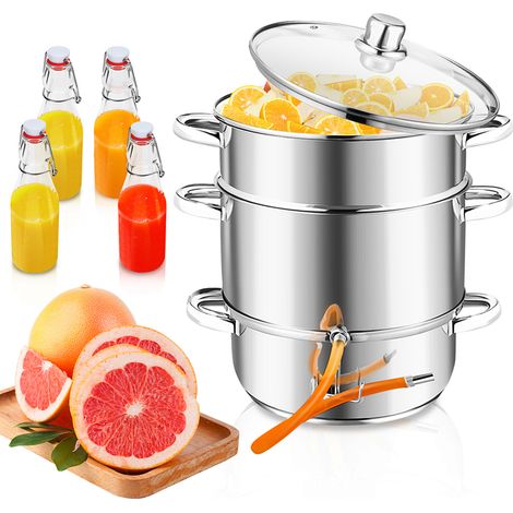 Jiubiaz Dampfentsafter 8 L aus Edelstahl inkl. 4 Bügelflaschen – Entsafter für Obst & Gemüse, Ø 26 cm, spülmaschinengeeignet, für alle Herdarten inkl. Induktion (1/5)