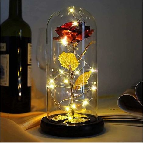 Rose en or 24 carats - Rose éternelle plaquée or dans une coupe en verre avec lampes dorées (1/5)