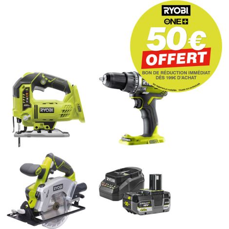Pack Perceuse-visseuse - Scie sauteuse - Scie circulaire RYOBI 18V One+ - Batterie 4,0Ah et chargeur (1/5)