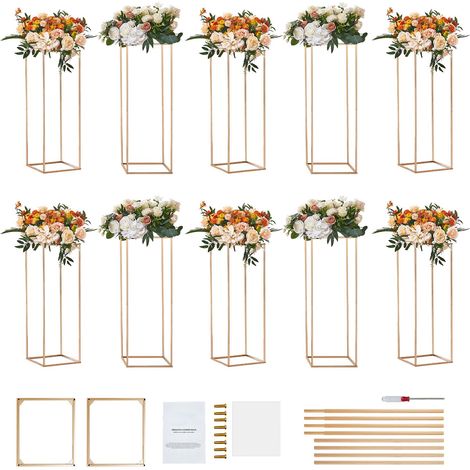 Support de Fleurs de Mariage 80cm, Or, 10 Pièces, avec Vase Métallique et Plaque Acrylique, pour Réception et Décoration de Fête (1/5)