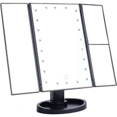 Miroir de maquillage LED grossissant 3 faces pliable 22 perles lumineuses USB noir pour bureau beauté (1/5)