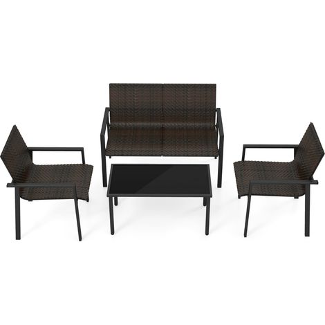 Set mobili giardino 4 pezzi tavolo sedie intrecciato vimini telaio metallico galvanizzato marrone (1/4)