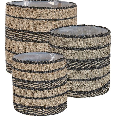 Lot de 3 Paniers à Fleurs en Algues Marines Décoration en Bandeaux Noirs Rasbora