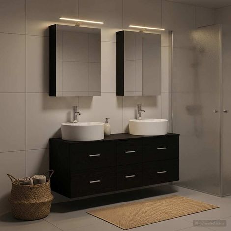 Ensemble meuble salle de bain mural 5 pièces chêne noir avec miroir LED double face lavabo robinet et grand rangement (1/5)