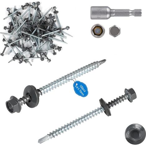 Lot de 100 Vis auto-perceuses en tôle M4,8x70 mm Tête hexagonale autoperceuse RAL 7016 Gris Vis autoperceuses peintes avec rondelles EPDM et clé à douille M8 Vis tole toiture pour plus fixatio (1/5)