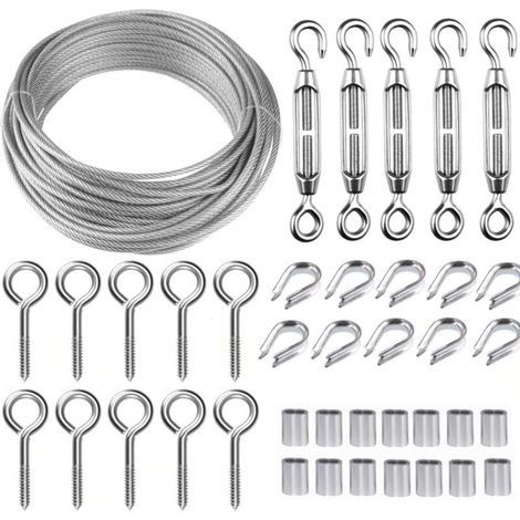 Corde en Acier Inoxydable à Suspendre Kit,30M/2mm Câble en Acier Inoxydable Revêtu avec M5 Tendeurs,Kit Cable Métallique 2mm pour Plantes Grimpante,Corde a linge,Rambarde,Cable de Garde Corps (1/5)