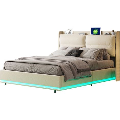 Lit coffre 140x190 cm, 2 places, avec LED, rangement, USB-A/C, sans fil charge, sommier à lattes en bois, cadre en métal, lit capitonné en velours - Beige