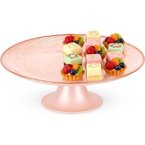 Soporte para tartas de cristal rosa con pie, 21 cm