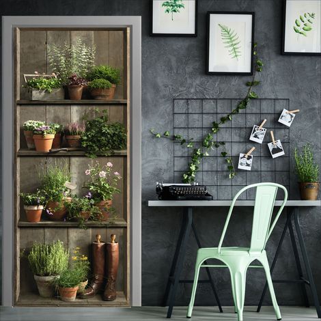 Sticker mural décoratif 175 cm x 60 cm – Motif trompe-l'œil avec pot de fleurs et bottes anciennes – Intissé préencollé pour pose facile – Plage (1/2)