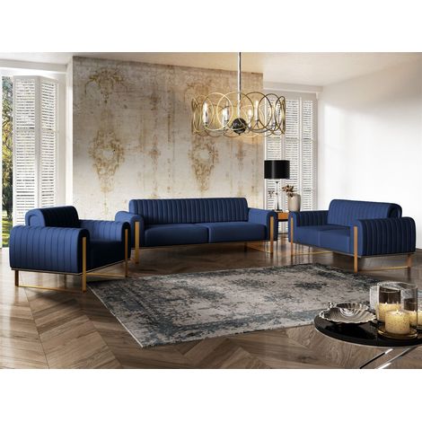 Sofaset Designersofas VALERIE 3-2-1 in Stoff Elisa Velvet Dunkelblau (1/5)