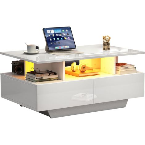 Modernes Hochglanz-Couchtisch mit LED-Beleuchtung und 2 Schubladen – Stilvoller 90x55x41 cm Beistelltisch mit Stauraum, Belastbar bis 30 kg (1/5)
