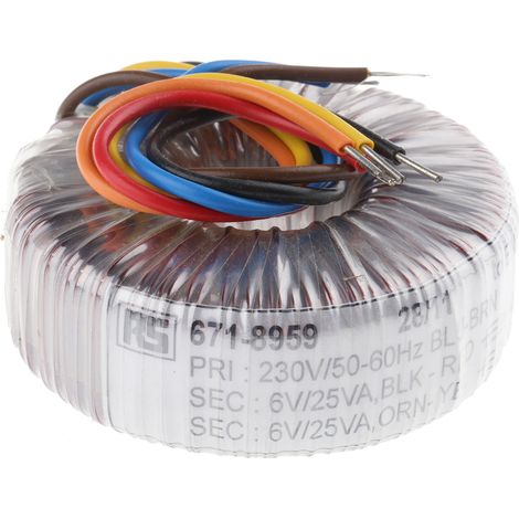 Transformateur torique RS PRO 2 sorties, 230V c.a. 2 x 6V c.a., 50VA ( Prix pour 1 ) (1/2)