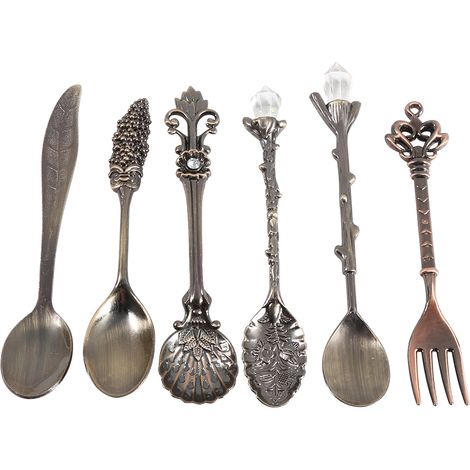 Lot de 6 couverts rétro style royal : mini cuillères à café et fourchette, en laiton antique, pour cuisine, fruits et dîner.