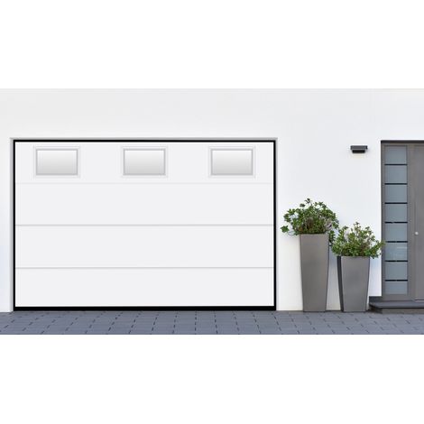 Porte de garage sectionnelle blanche motorisée l.300 x H.200 cm x Ep.40 mm Polygrain avec hublots