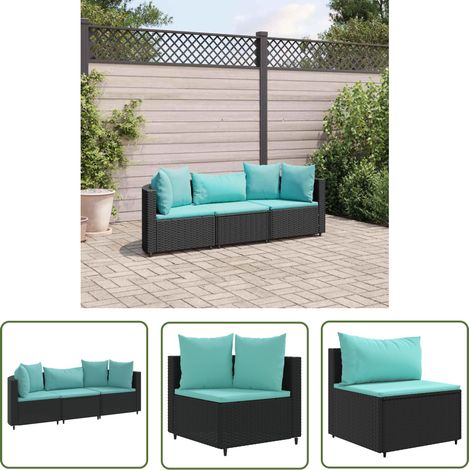 The Living Store Salon de jardin 3 pcs avec coussins noir résine tressée - Canapé De Jardin - Salon De Jardin - Meuble De Jardin - Ensemble Canapé Extérieur - Résine Tressée (1/5)