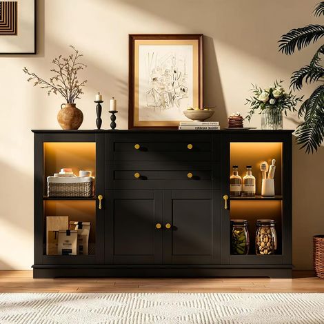Küchensideboard, mit 2 Glastüren, 2 Holztüren, 2 Schubladen, 140x86x40 cm, LED-Beleuchtung, für Küche & Esszimmer, Schwarz (1/5)