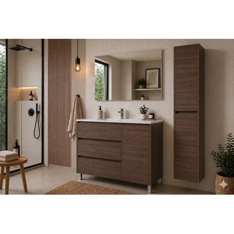 Ensemble Meuble de salle de bain VOLUM Livré Monté 3 tiroirs et porte, lavabo et miroir Frêne tea 100x45 cm avec colonne
