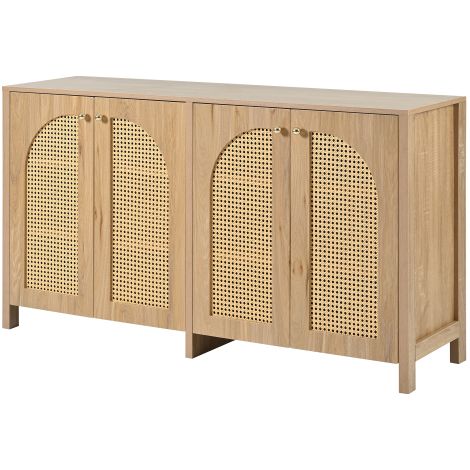 Buffet rotin 4 portes, poignées métal, bois naturel, minimaliste