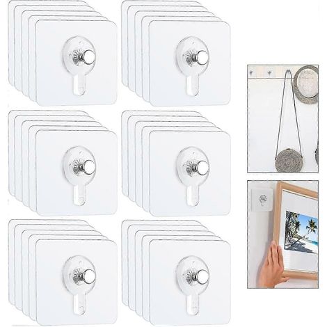Lot de 30 attaches murales transparentes sans perçage, autocollantes, pour cadres et miroirs. (1/5)