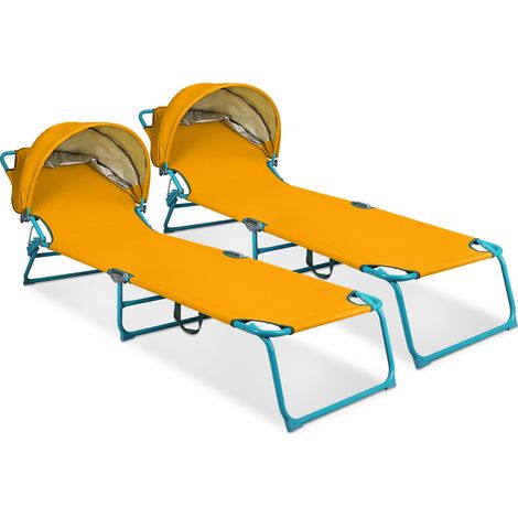 Lot de 2 chaises de salon d'extérieur avec toit parasol, dossier réglable, chaise longue pliante, chaise longue pour plage, camping, randonnée, jaune (1/5)