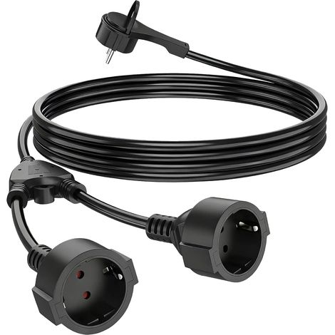 Rallonge de 2 m avec fiche plate, 2 prises contact de protection - Rallonge électrique 230 V/16 A - Double prise pour prise de courant - IP44 - Pour la maison, le bureau, noir (1/5)