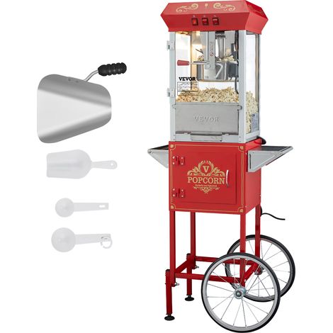 VEVOR Machine a Pop Corn avec Chariot, Appareil a Pop-corn Electrique 850 W, Grand Bol de 227 g pour 48 Tasses par Lot, avec Verre Trempe, 4 Cuilleres, Style Cinema, pour Fete Magasin Soiree, Rouge