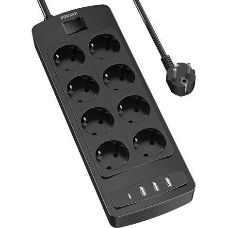 Multiprise 8 Prises avec 4 USB, avec Interrupteur, multiprise avec USB-C, pour la Maison/Le Bureau, Noir (1/5)