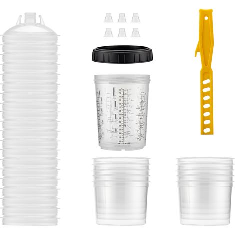Wiltec Sistema di miscelazione da 800 ml, 50x filtri 125 μm, set di tazze di miscelazione per vernice con coperchi, tazze interne e misurini, tazza graduata per vernici, per la verniciatura di auto (1/5)
