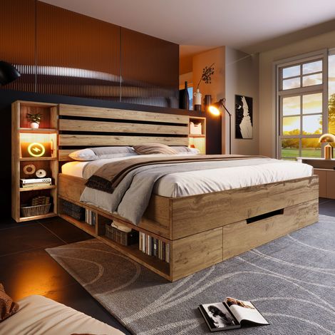 Lit double 180 x 200 cm, lit coffre en bois massif avec LED, USB Type-C, tête de lit rangement, 2 tiroirs, sommier à lattes, chêne, sans matelas (1/5)