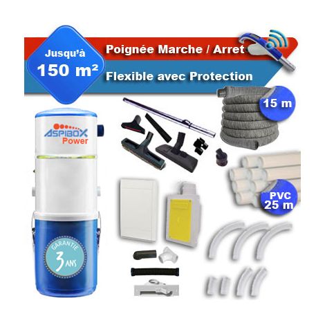 Aspirateur central ASPIBOX Power garantie 4 ans + flexible rétractable 15 m avec housse de protection + poignée marche/arrêt + 7 accessoires + kit 1 prise RETRAFLEX + kit prise balai (rayon d'action 1 (1/5)