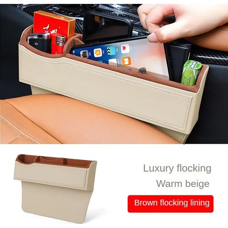 (1 pièce beige) Organisateur d'espace pour siège auto en cuir PU, boîte de rangement pour siège avant, porte-clés/porte-cigarette, boîte de rangement pour console centrale. (1/5)