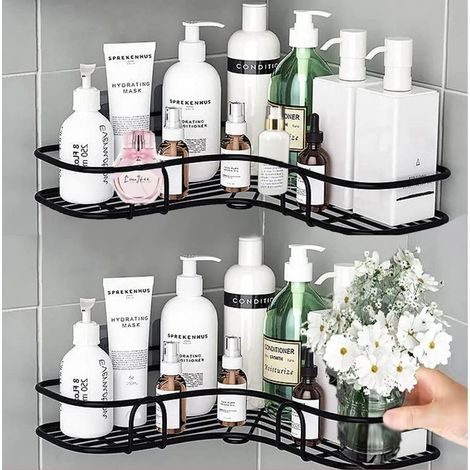Lot de 2 étagères de douche d'angle, porte-savon mural sans perçage, paniers de rangement pour salle de bain/cuisine, fixation adhésive robuste (1/5)