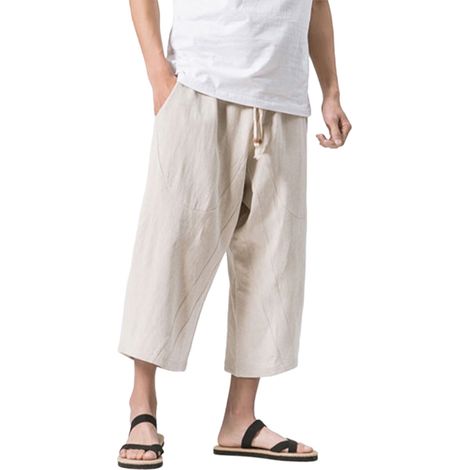 Short Homme Pantacourt Lin Taille Élastique Cordon Coupe Lâche Sport Plage Casual 7/8 Tapered Respirant (1/4)
