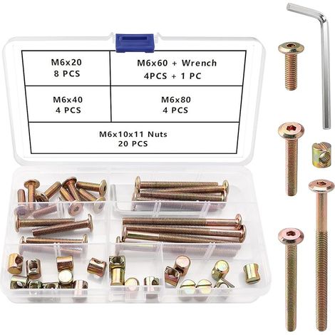 40 Pièces M6 x 20/40/60/80 mm Vis Écrous de Quincaillerie Lit Kit, Baril à Six Pans Creux Boulons Meubles, avec Clé Allen, pour Meubles Chaises Berceau, Jaune (1/5)