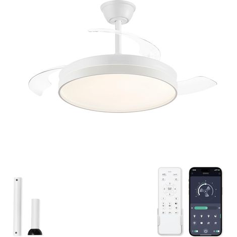 Ventilateur de Plafond avec Lumière 107cm, Lampe Ventilateur Techo à Pales Rétractables, Moteur DC Silencieux, 30006000K, 6 Vitesses, Télécommande + APP, 2 Tiges de Suspension (Blanc) (1/5)