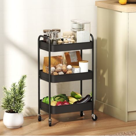 Rollwagen 45 x 30,6 x 79 cm Schwarz mit 3 Körben und Bremsrollen (1/5)
