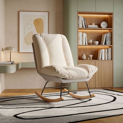 Comanlai - Fauteuil scandinave en Bois, Fauteuil à Bascule, Rocking Chair, Structure en bois massif et métal, lin beige, 74 x 90.5 x 100 cm (1/5)