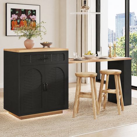 DESMIU Desserte de Cuisine avec 2 Tiroirs, 4 Portes, 1 Niche Ouverte et Table Extensible pour Cuisine, Noir, 80 × 70 × 95.5 cm (1/5)