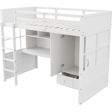 Letto a soppalco 90 x 200 cm con scala, scrivania, armadio e cassetti, bianco (1/5)