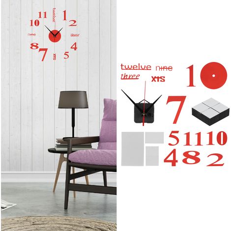 Moderne digitale Wanduhr zum Selbermachen, selbstklebend, für die Dekoration von Zuhause, Wohnzimmer oder Büro (rot) (1/5)