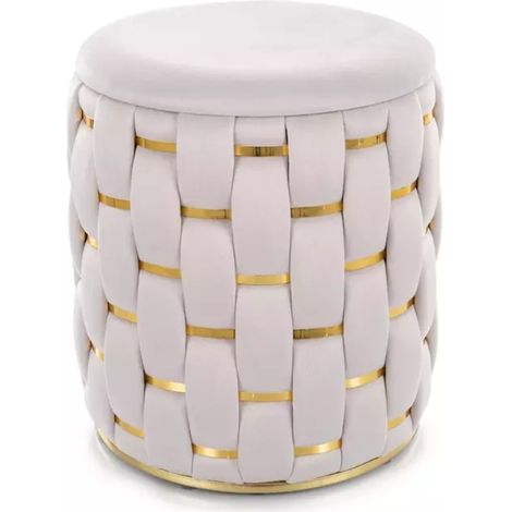Pouf rond tressé beige en velours avec rangement discret et détails dorés TOPPIZ (1/3)