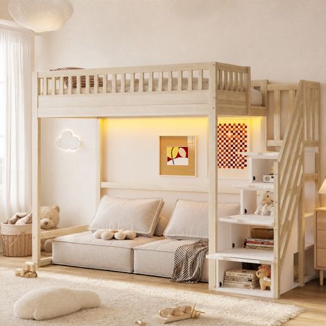 Hochbett 90x200 cm Naturholz aus Holz mit Sicherheitsleiter, Schutzgeländer, Stauraumtreppen und LED-Beleuchtung (1/5)
