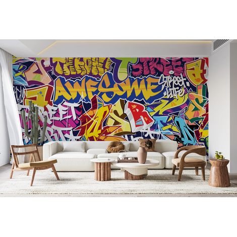 Papier peint graffiti - mur de tags colorés et slogans - 150 x 250 cm (1/2)