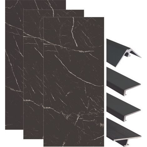 ONDEE ZEN - Pack complet de montage panneaux muraux Marbre Noir 200 cm - Profilé noir inclus (1/4)
