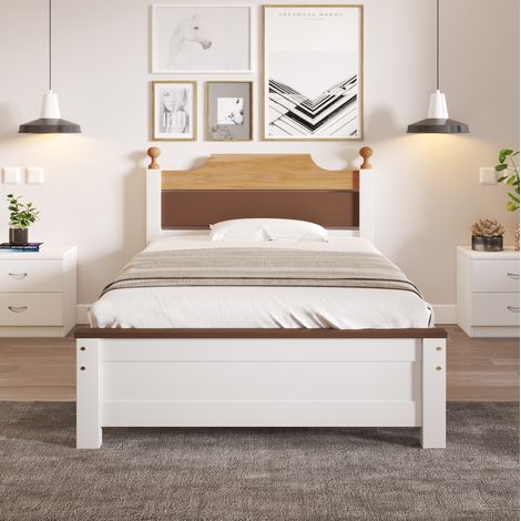 Cama individual de madera con cabecero bicolor blanca OKMYHOME (1/5)