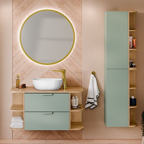 Mueble de lavabo de 100cm con nichos redondeados y columna Oria Verde mate (1/4)