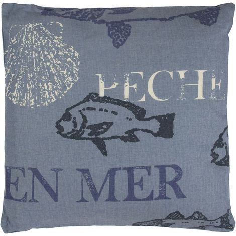 PECHE - Coussin en coton motifs pêches et poissons bleu 38x38 (1/2)